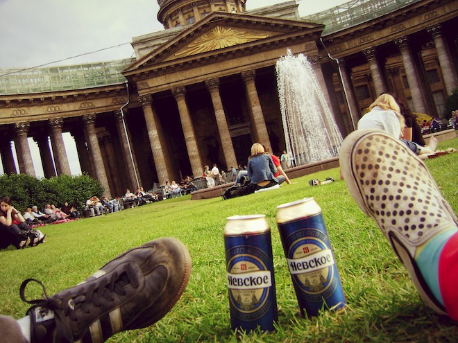 Two Russian beers and two dirty shoes. 