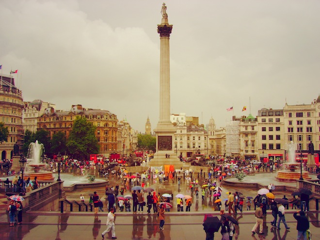 Trafalgar Square in the rain
