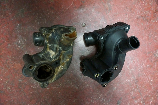 Old and new thermostat housing. Can you tell which one is which?