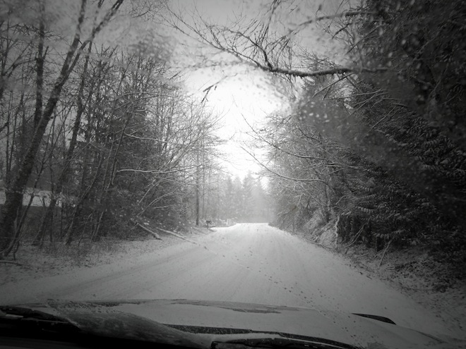 Driving during snowfall in Portland, OR.