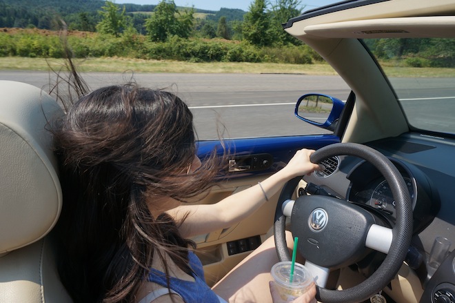 We borrowed D's convertible VW bug to go get the part. 